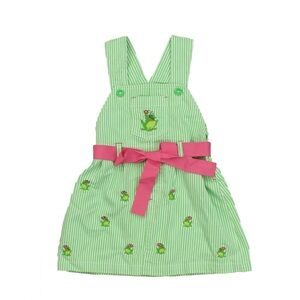 Toffee Apple Green and White Striped Overalls Dress with Frog Embroidery